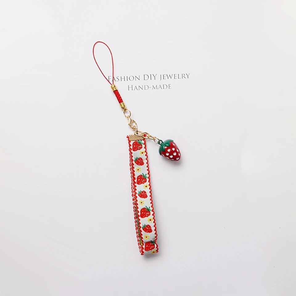 Cute Japansese phone Wrist Strap Lanyards for iPhone Samsung Strawberry Heart Bell Decor Mobile Phone Strap Rope Phone Charm