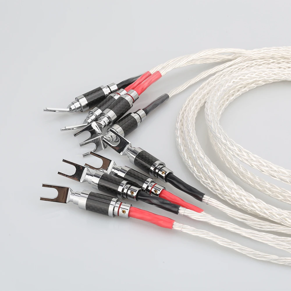 

Pair 8Cores Twisted Silver Plated Audiophile Speaker Cable Hifi Speaker Cable With Carbon Fiber spade Plug Audio Speaker Hifi