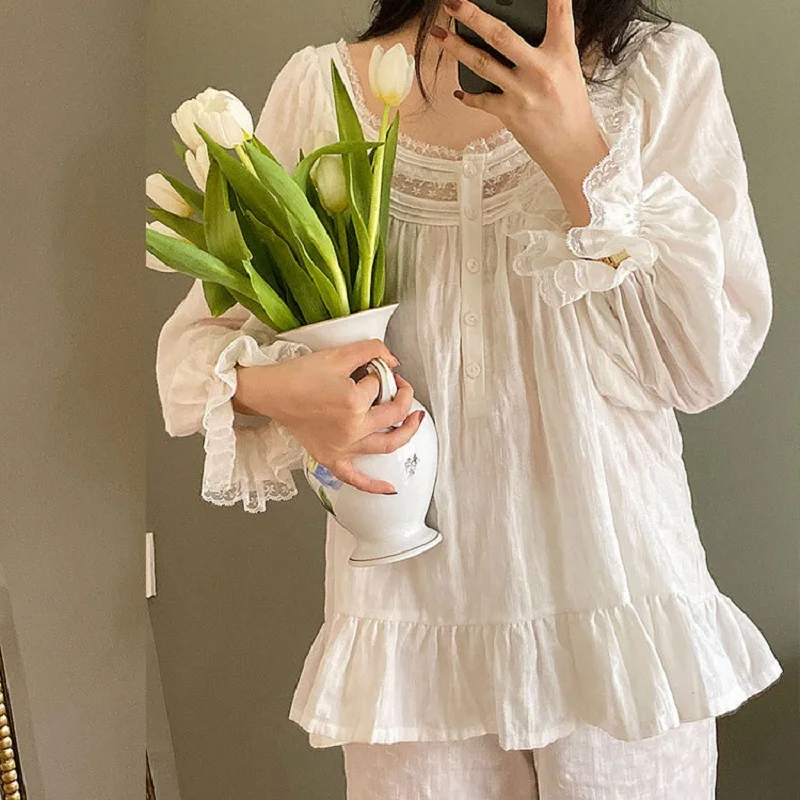 

Vintage Pure Cotton female's White Pajamas Sets Girls Loose Cute Sleepwear Suits Gifts For Lady Homewear