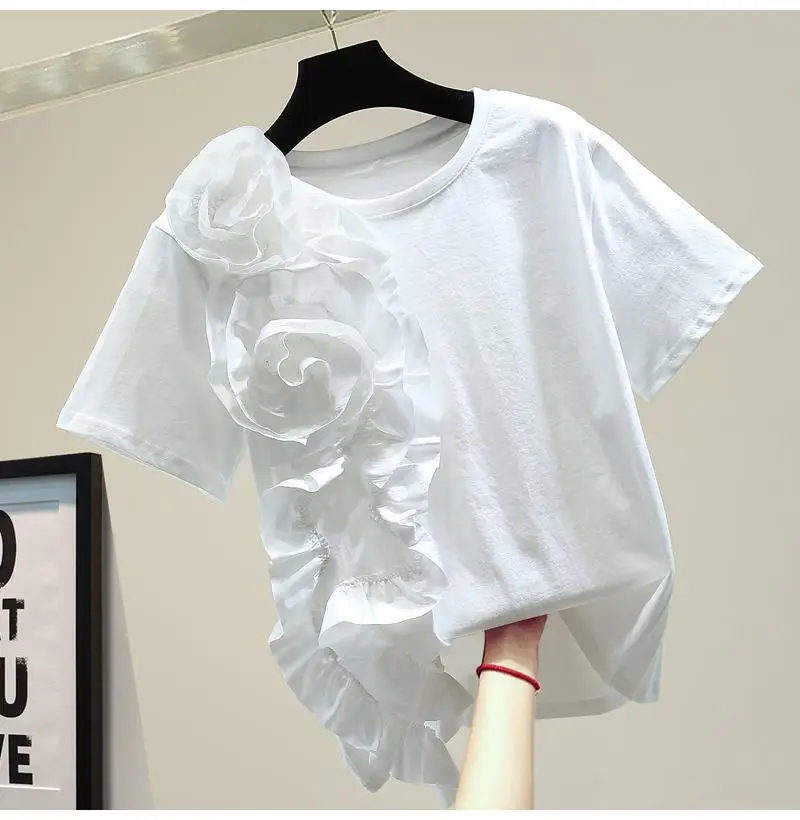 

Женская футболка с трехмерными цветами, свободный модный Индивидуальный топ в Корейском стиле с оборками и прострочкой, лето 2021