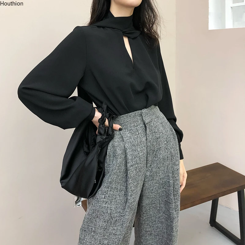 

Houthion Women's Blouses V-neck Shirt Korean Casual Blouse Long Sleeve Fashion Top Loose Tops Solid Regular New Chiffon