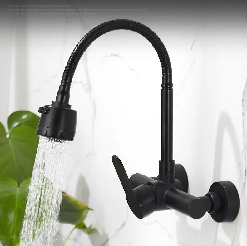 Stainless steel Wall Mounted Kitchen Faucet Kitchen Mixers Kitchen Sink Tap 360 Degree Swivel Flexible Hose Double Holes - Color: Yellow