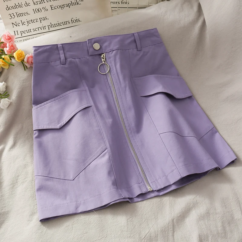 Женская однотонная мини юбка на молнии спереди с двумя карманами и высокой