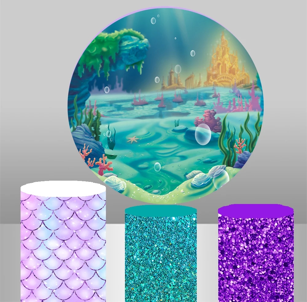 

Little mermaid purple background Round circle Backdrop baby shower kids birthday booth Party banner table plinth covers YY-441