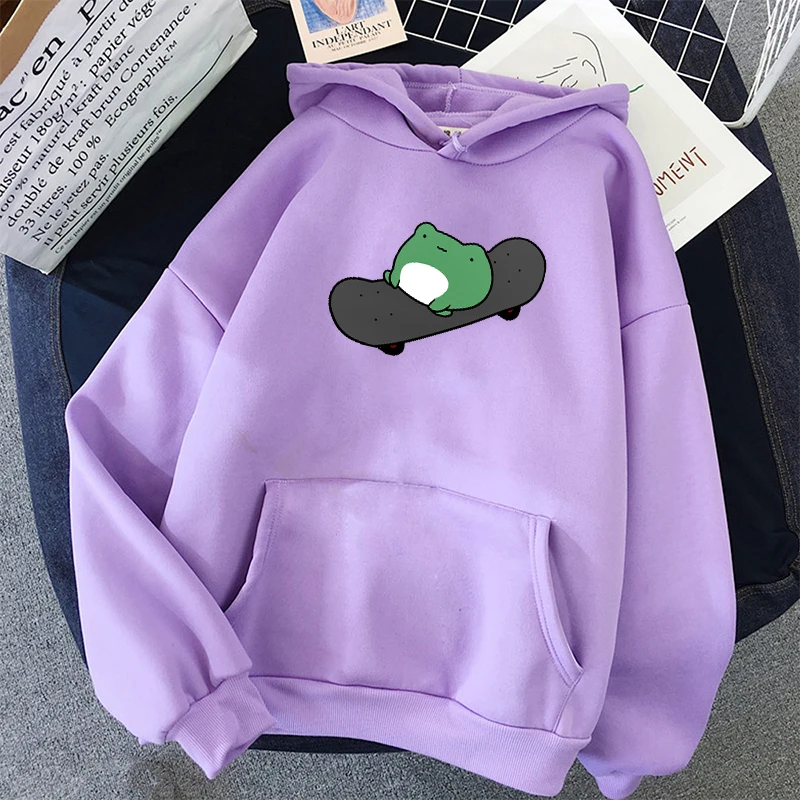 

winter Skateboard frog oversized Sweatshirt men and women's Hoodies Harajuku Warm Pullover Drawstring Pink Womens Korean style