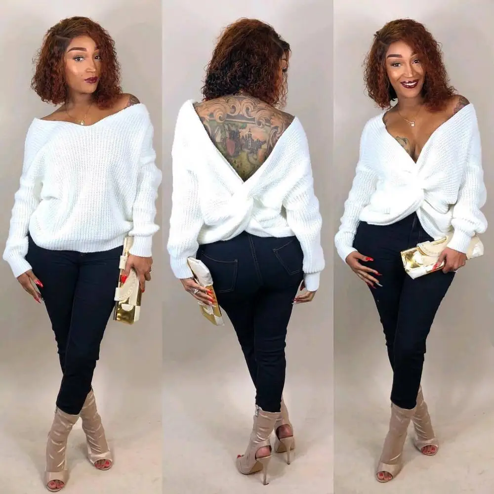 Женский шерстяной свитер AHVIT Однотонный с длинным рукавом и треугольным вырезом