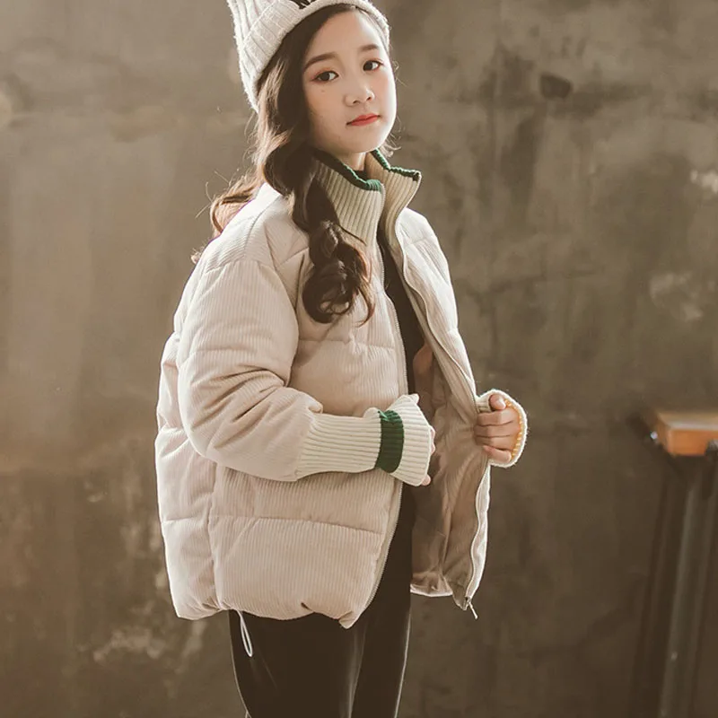 Желто бежевое пальто из 100% хлопка на молнии для девочек подростков зимняя одежда