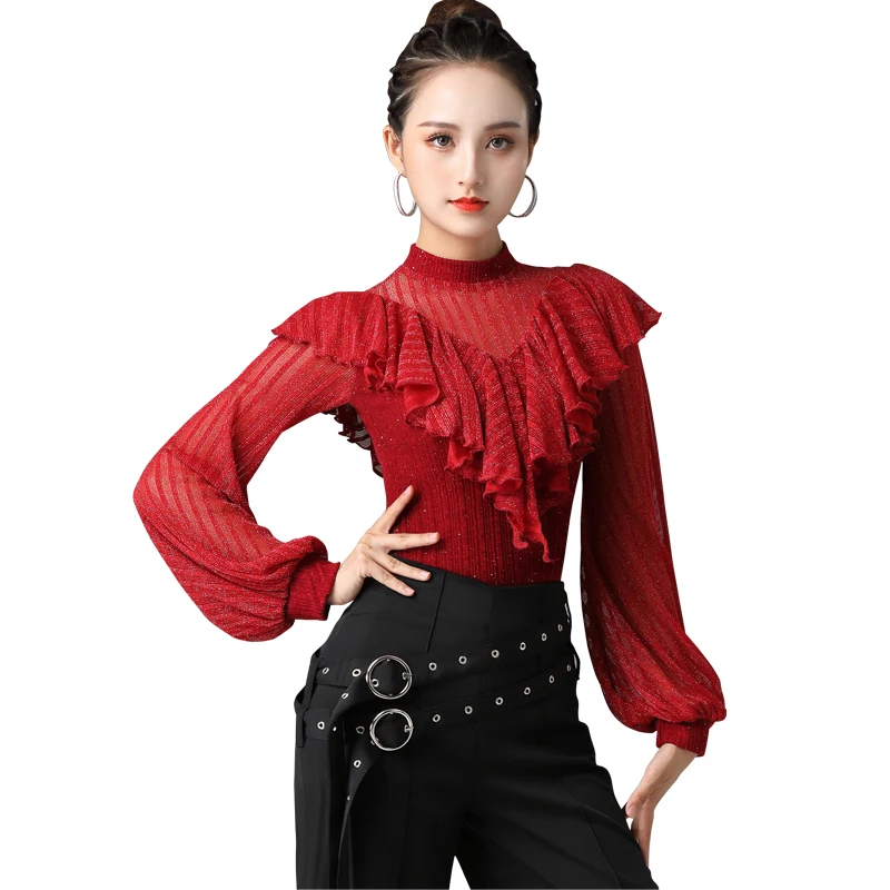 

Latin Dance Practice Tops For Women Adult Sexy Mesh Long Sleeve Latin Dance Clothes Modern National Standard Dance Shirt