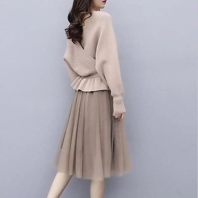 

L-5XL Plus size Women 2 Piece Set Winter Casual Sweaters+Skirts Female Large Size Two Piece Outfits Knitted Tops Mesh Skirt Sets