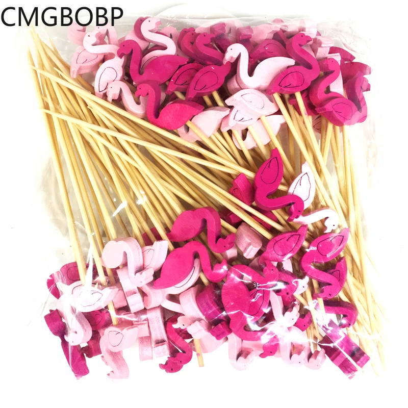 

100pcs 12cm Flamingo Heart Pearl Bamboo Pick Buffet Cupcake Fruit Fork Party Dessert Salad Stick Cocktail Skewer for Wedding