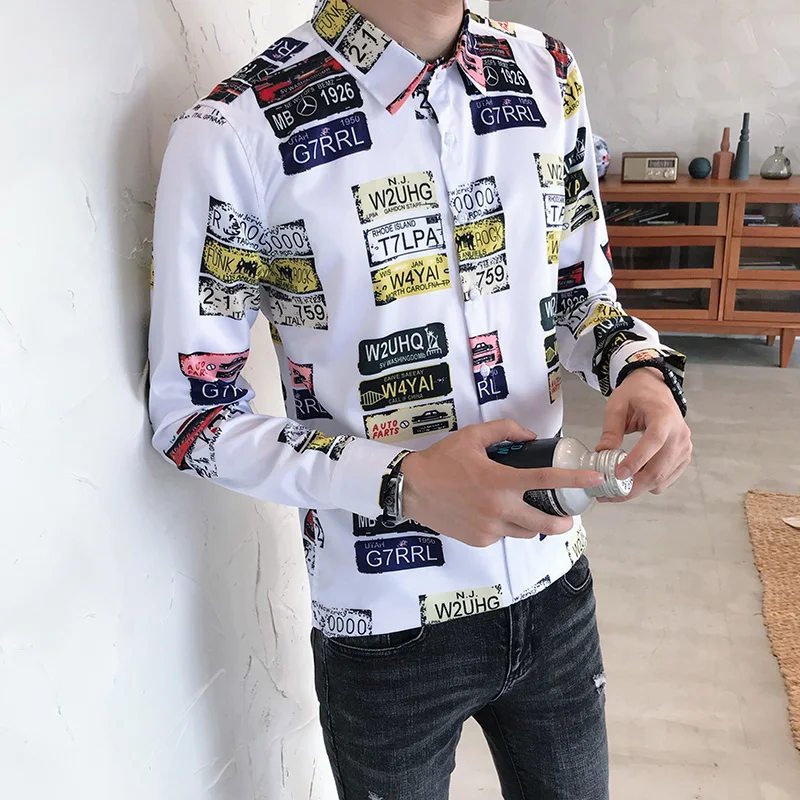

Korean Spring New Long Sleeve Shirts for Men Clothing 2021 Simple Slim Fit Fashion Print Casual Club Blouse Homme Black/White