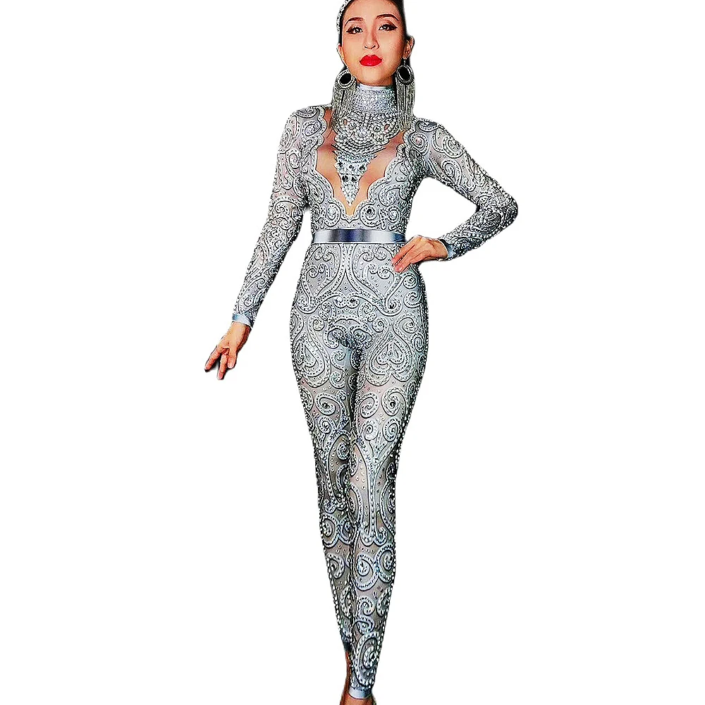 Блестящий Комбинезон с открытой спиной серебристые стразы принтом |