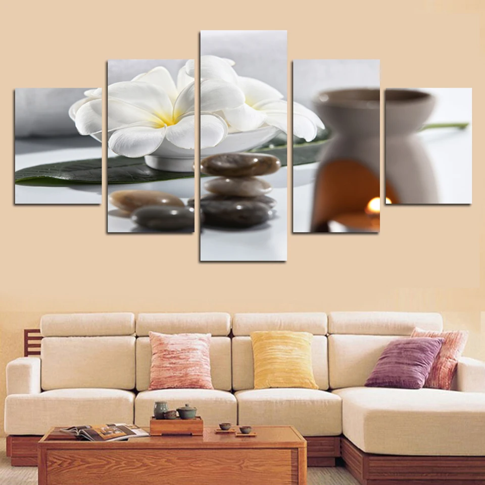 

Poster Modular Canvas Wall Art 5 Pieces White Flowers Pictures Stone Paintings Modern HD Prints Home Decor Living Room Framed