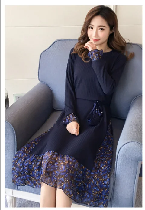 Осень-зима 2020 шифоновое трикотажное платье с цветочным принтом для кормящих мам