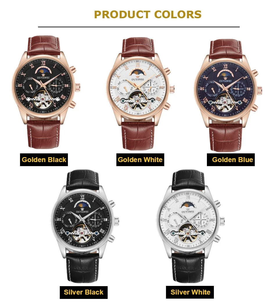 

Luxury Brand Gold Black Self Winding Mechanical Men Wristwatch Date Day Moon Phase Function Fashion Tourbillon Male Watch