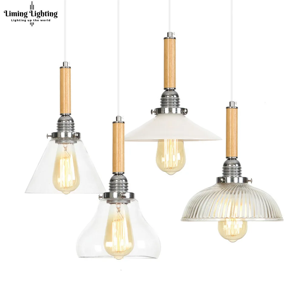 

Modern Wooden wood Nordic Pendant Lights LED Glass Lampshade Retro Loft Hanglamp Suspension Luminaire Home Hanging Lighting Lamp