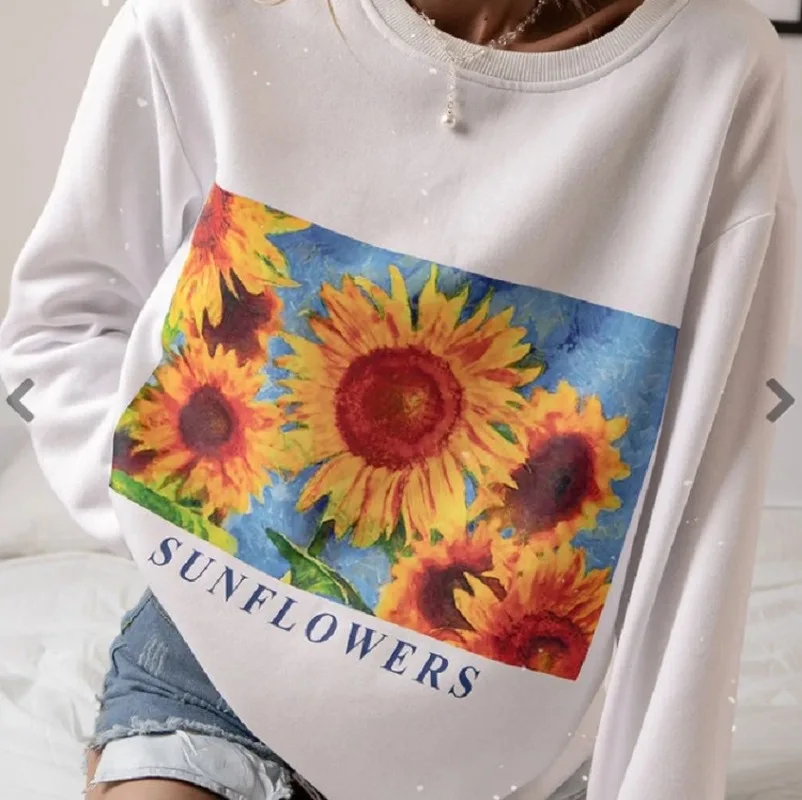 

White Sunflower Letter Printed Vintage Sweatshirt Women Loose O Neck Casual Girls Autumn Plus Size Pullover England Fashion Tops