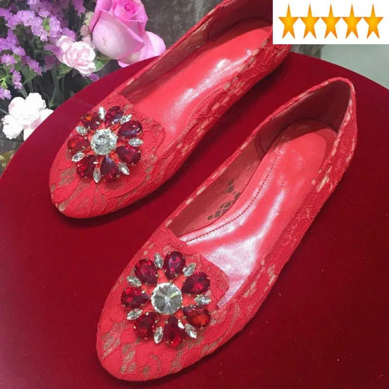 

Flat Crystal Toe Lace Round Women Genuine Leather Flats Loafers Red Wedding Slip-Ons Female Breathable Casual Shoes