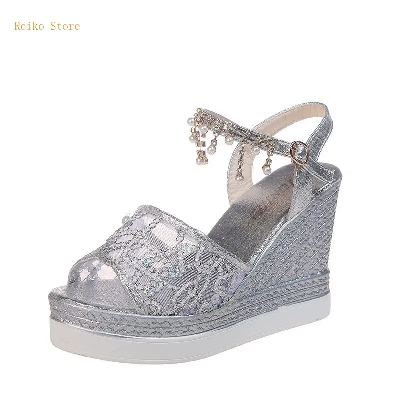

10cm High Heel Rhinestone Fairy Sandals Summer Versatile Platform Wedge Peep Toe Platform Shoes with Buckle
