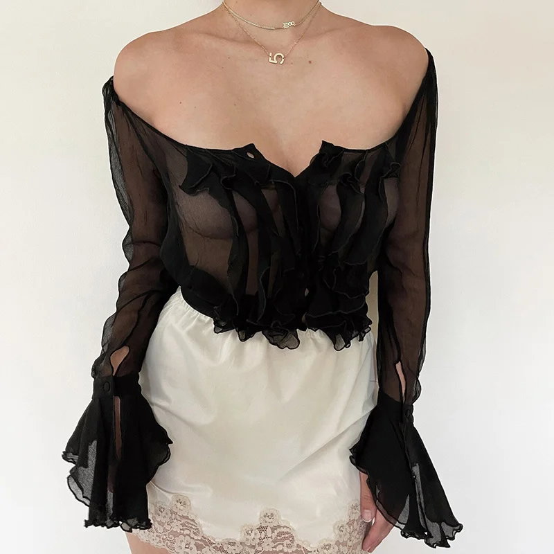 

Женские рубашки CHRONSTYLE с длинным рукавом и V-образным вырезом, сетчатые прозрачные черные офисные блузки с оборками, уличная одежда с низким ...