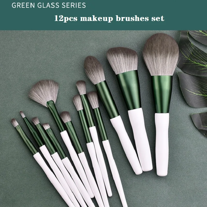 12 шт. набор кистей для макияжа с зеленой глазурью супер мягкие бионические волосы