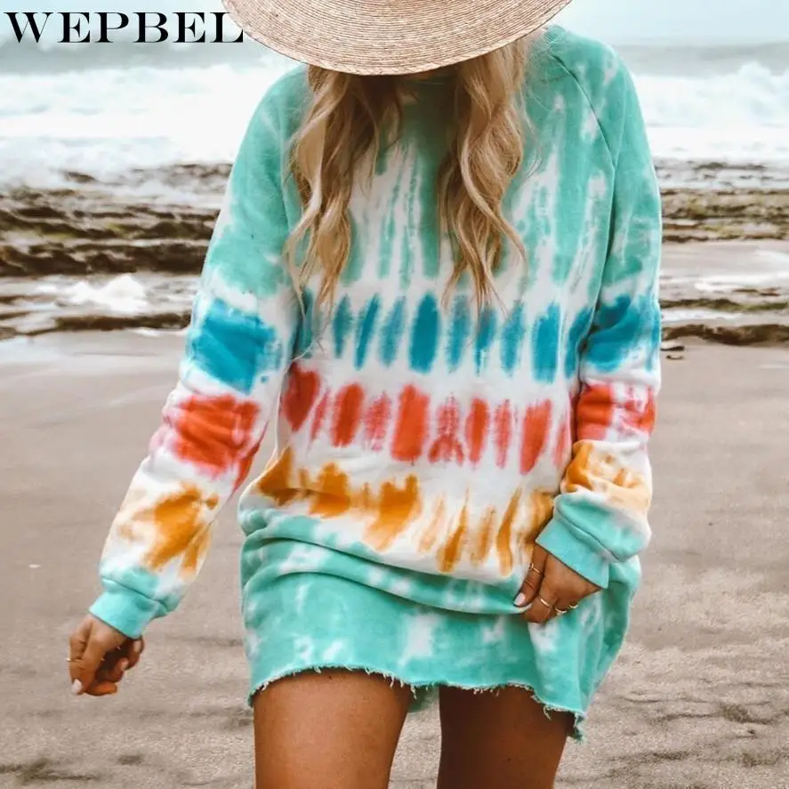 

WEPBEL Dress Spring and Summer Fashion Tie-Dye Print Loose Dress Women's Casual Long Sleeve O-Neck Straight Dress