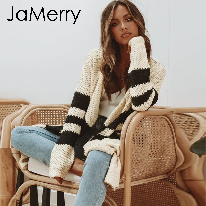 JaMerry Vintage striped knitted cardigan women 2019 Autumn winter long sweater female Casual pockets loose lady beige cardigans |