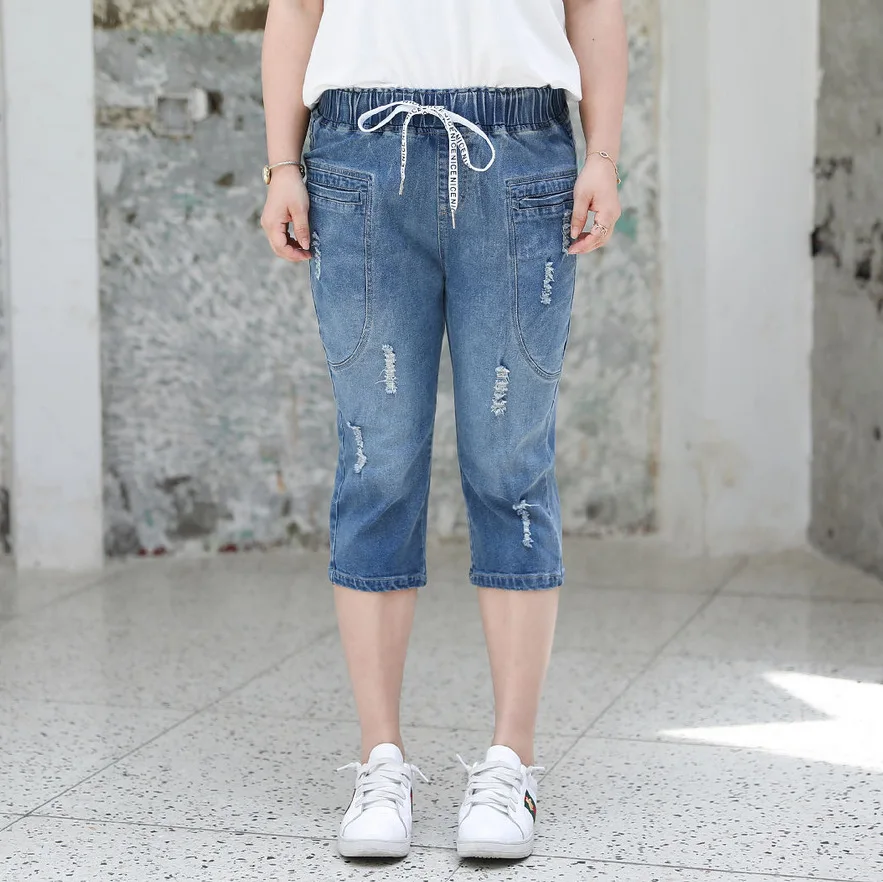 

High Waist Summer Jeans Plus Size Women Denim Pants Hole Personalized Pockets Calf Length Ripped Jeans Trousers TA8077