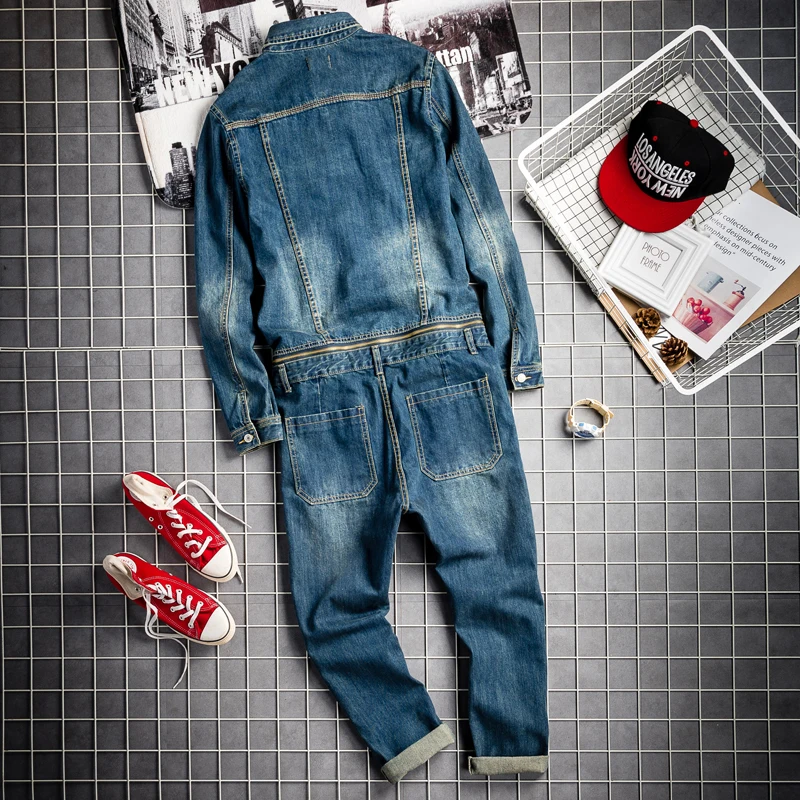 Mens Spring Fall Vintage Detachable Denim Cargo Overalls HipHop Long Sleeve Tops Straight Pants Big Size Rompers Male Jumpsuit