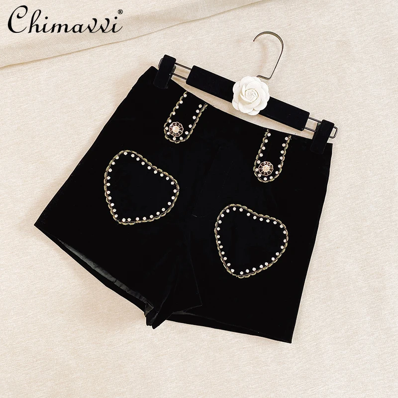 

2021 Autumn New Ladies Fashion High Street Love Pocket Wide-Leg Short Pants Women's Simple Ins Solid High Waist Velvet Shorts