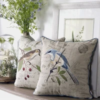 cotton and linen high end embroidery blue brown bird sofa cushion decorative pillows linen pillow cover living room home decor