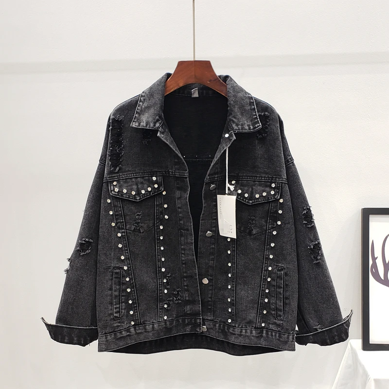 Женская джинсовая куртка в стиле панк свободная Черная из денима с дырками и - Фото №1