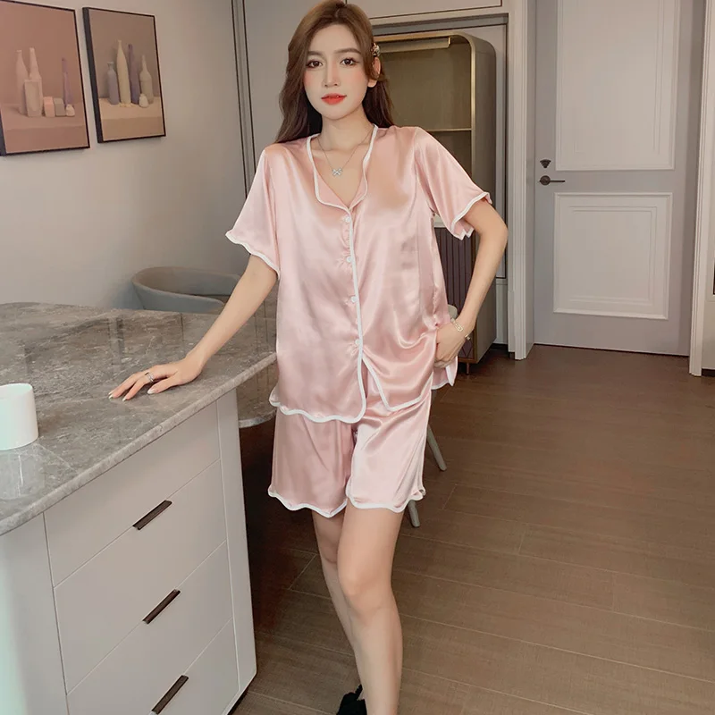 

Cardigan Pajamas Women's Summer Short Sleeve Ice Silk Pink Shorts Suit Loose Thin Artificial Silk Home Wear Spring and Autumn