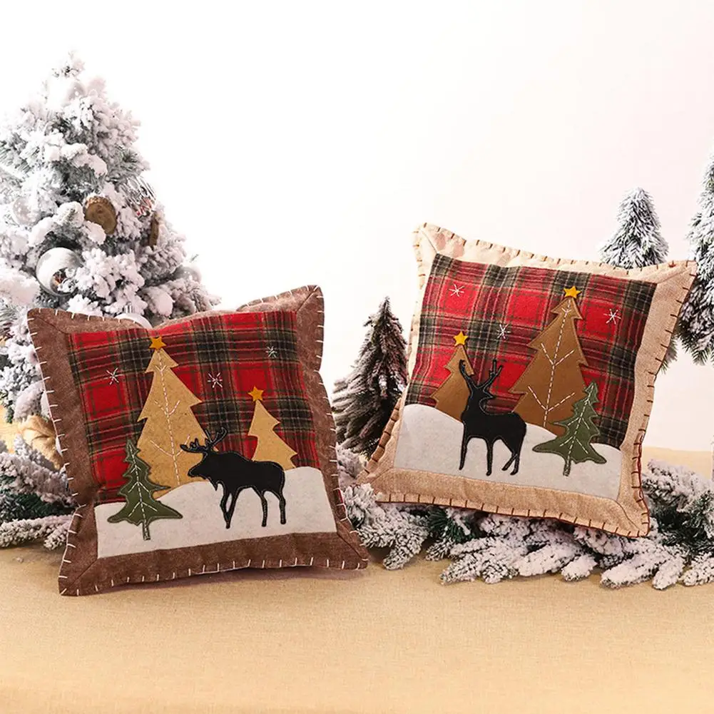 

Christmas Forest Elk Checkered Pillowcase For Home Holiday Bed Room Office Decor Pillowcase replacement Plaid Cover
