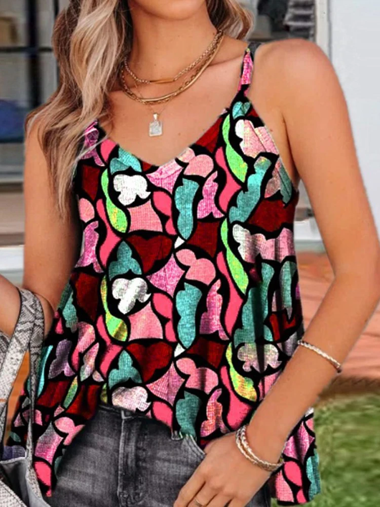 

Women Summer Casual Off Shoulder T-shirts Geometry Printed Casual Sling T-shirt Sleeveless Loose Tops