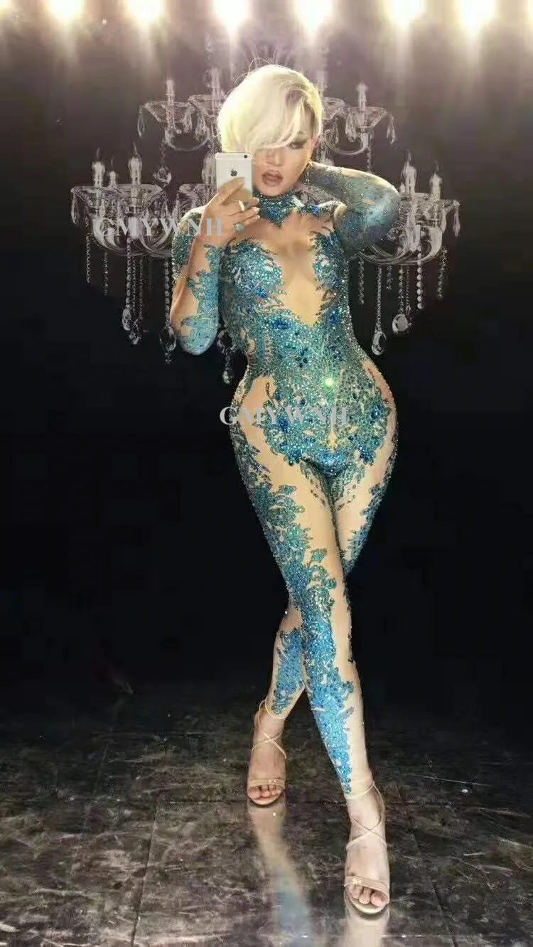 W4 женский сексуальный комбинезон с 3d принтом Синие стразы тянущиеся трико