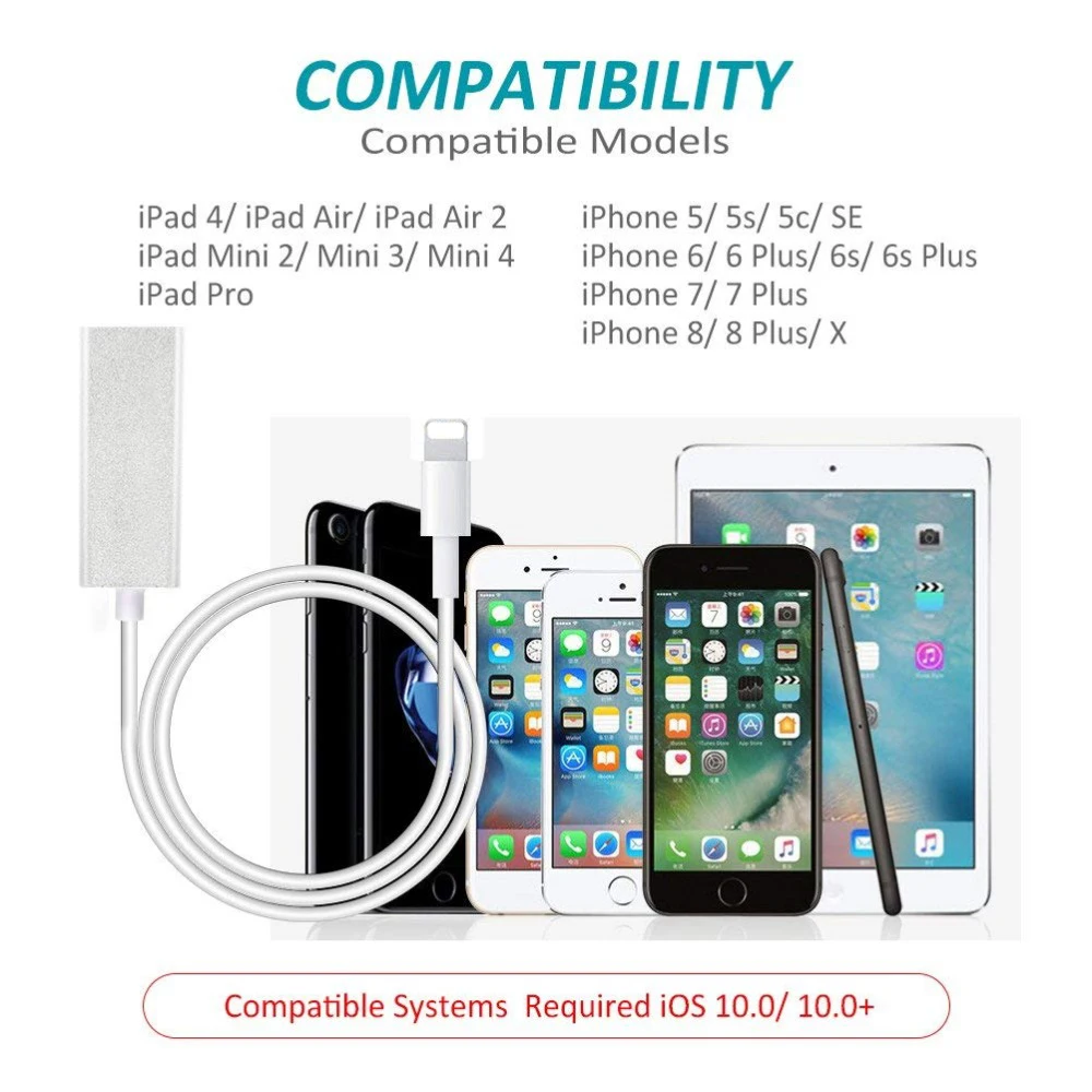 

For Lightning To RJ45 Ethernet LAN Wired Network Adapter 100Mbps Network Cable Overseas Travel Compact For iPhone X/iPad Series