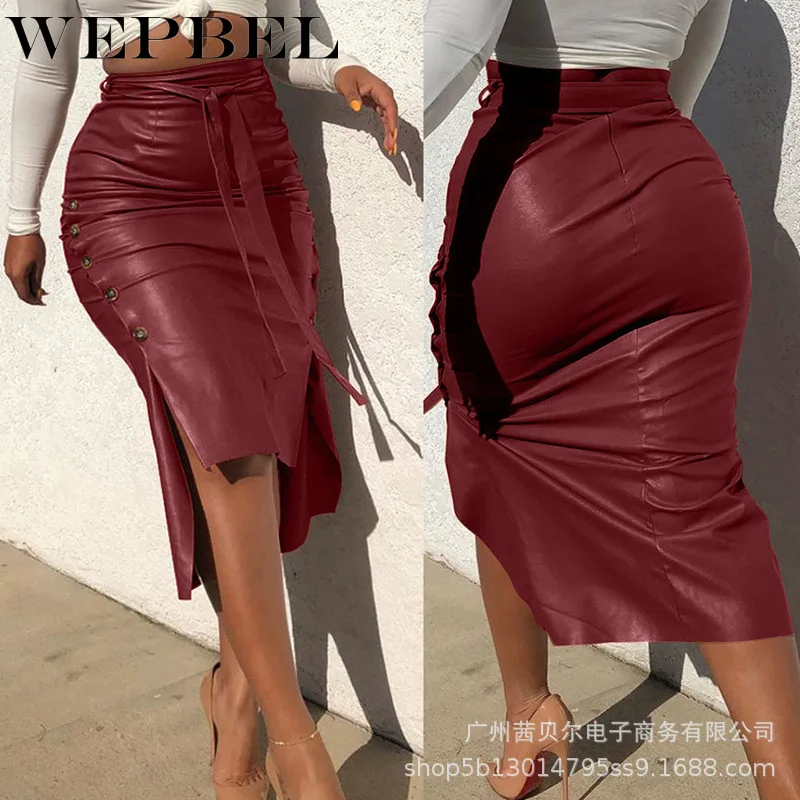 

WEPBEL Lady Autumn Winter PU Faux Leather Women Long Skirt High Waist Elegant Front Split Lace Up Pencil Skirts