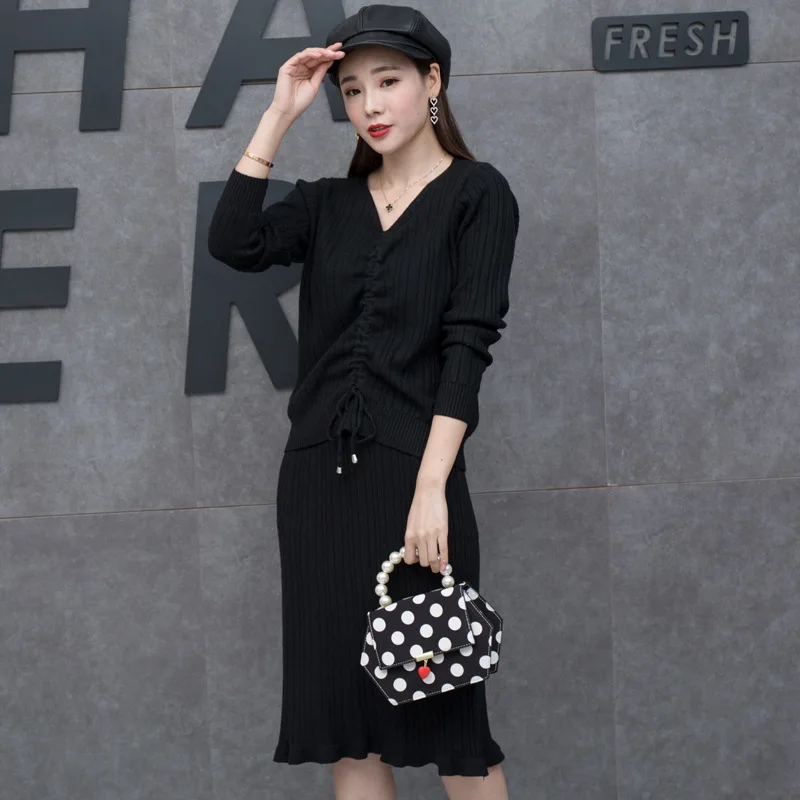 LXMSTH Женский вязаный костюм с юбкой осенне-зимний комплект со шнуровкой