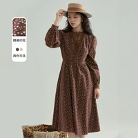 inman autumn winter floral print aesthetic dress elegant lady female retro vintage elastic lace hollow out classic one pieces