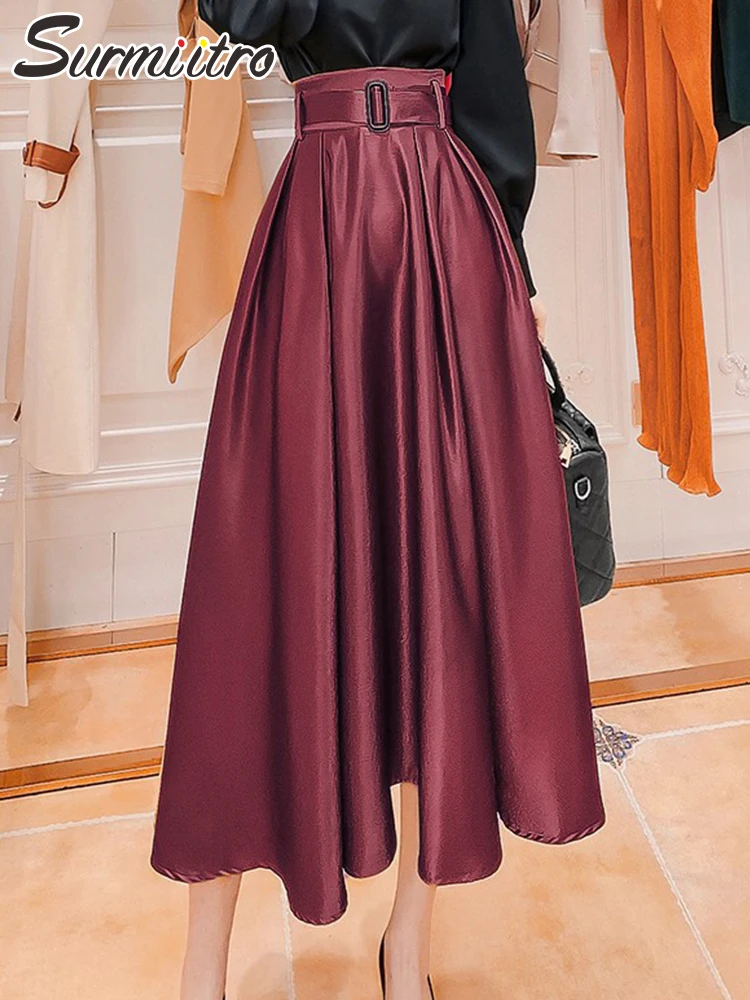 

Женская атласная длинная юбка в Корейском стиле SURMIITRO, черная, красная трапециевидная юбка средней длины с высокой талией и поясом, зима 2021