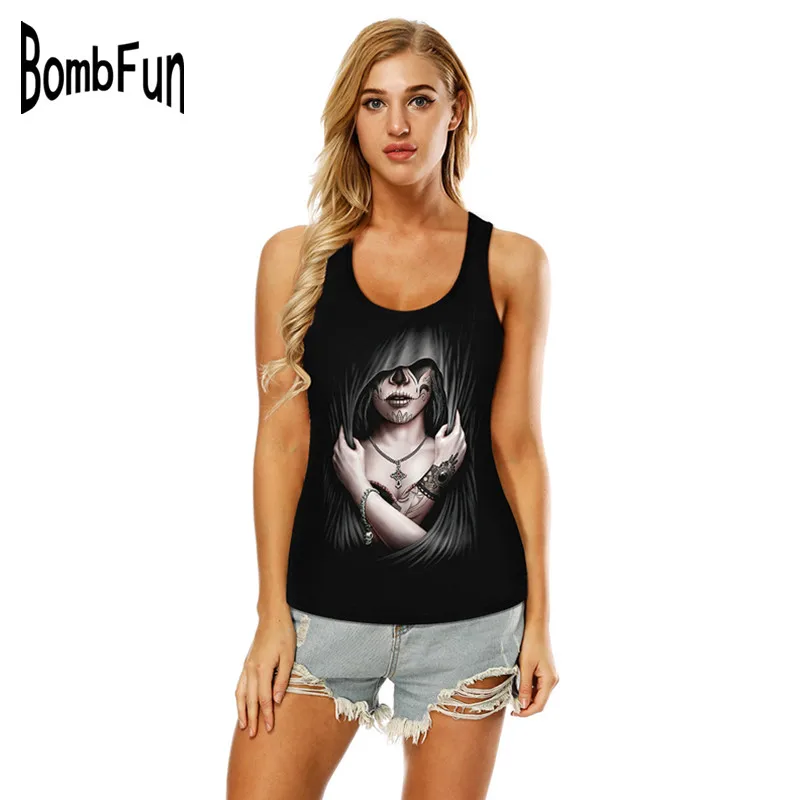 

BombFun Camis Women Summer Tanks Sexy Tops Shirt Club Tank Harajuku Style Tees Black 3D Print Skulls Vests Hollow Back Shirts