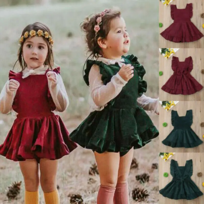 Вельветовое платье Pudcoco для маленьких девочек без рукавов с оборками вечерние