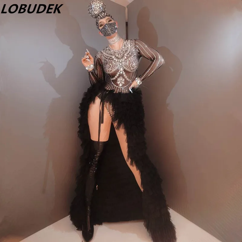 

Bar Nightclub Performance Stage Wear Black Mesh Silver Rhinestones Transparent Bodysuit Long Tailing Dance Outfit Singer Costume