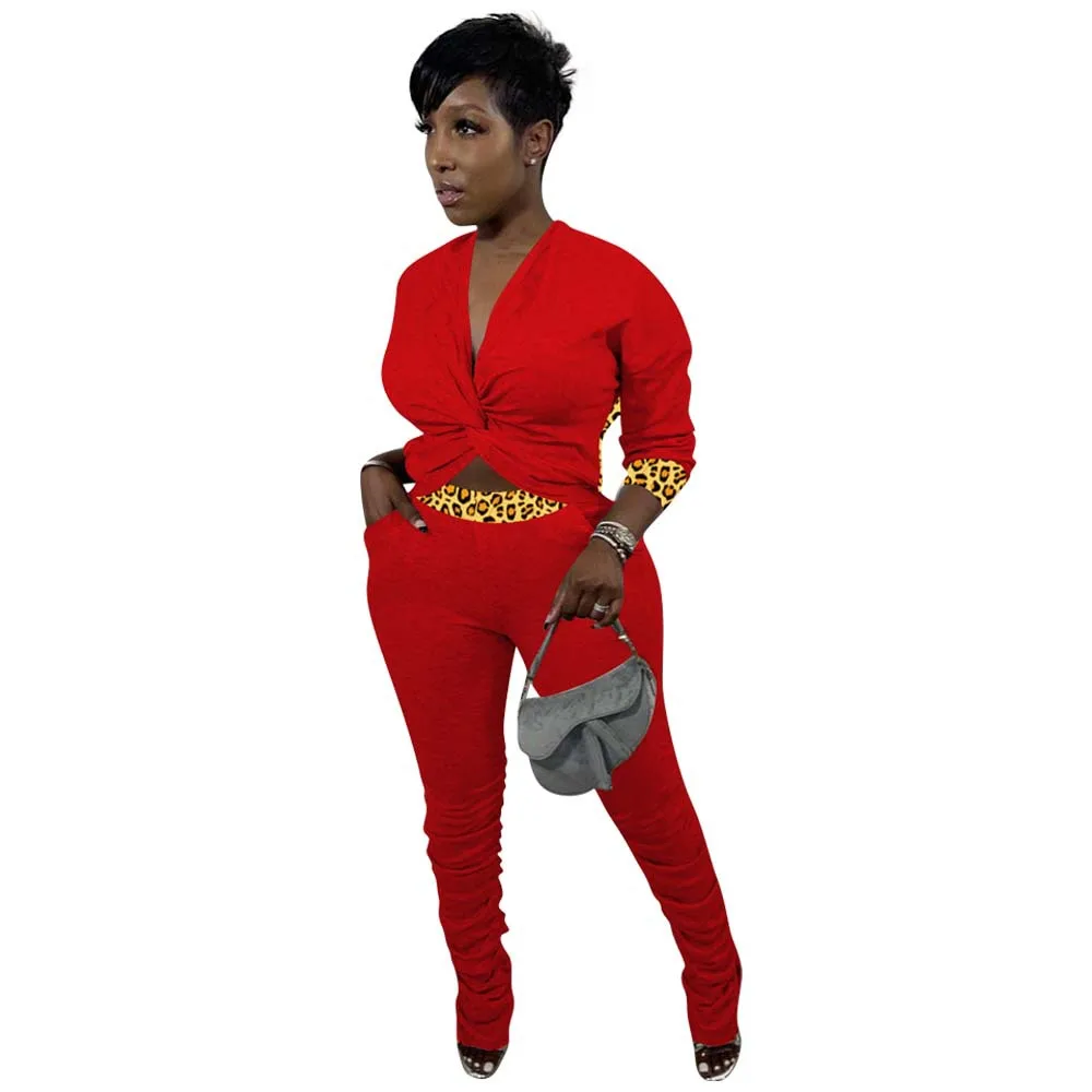

Casual Women Tracksuit Two Piece Set Leopard Patchwork V-neck Shirt And Long Pants Streetwear Sportsuit Clothes For Women