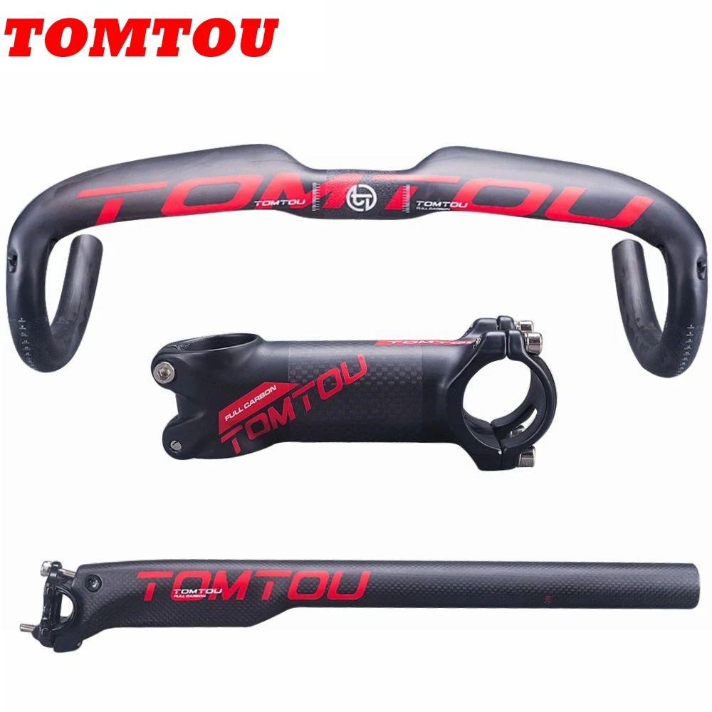 

TOMTOU Matte Red Carbon Fiber Road Bicycles Drop Bar Sets Aero Handlebar + Stem + Seatpost Bicycle Road Bike Parts - TH7T12