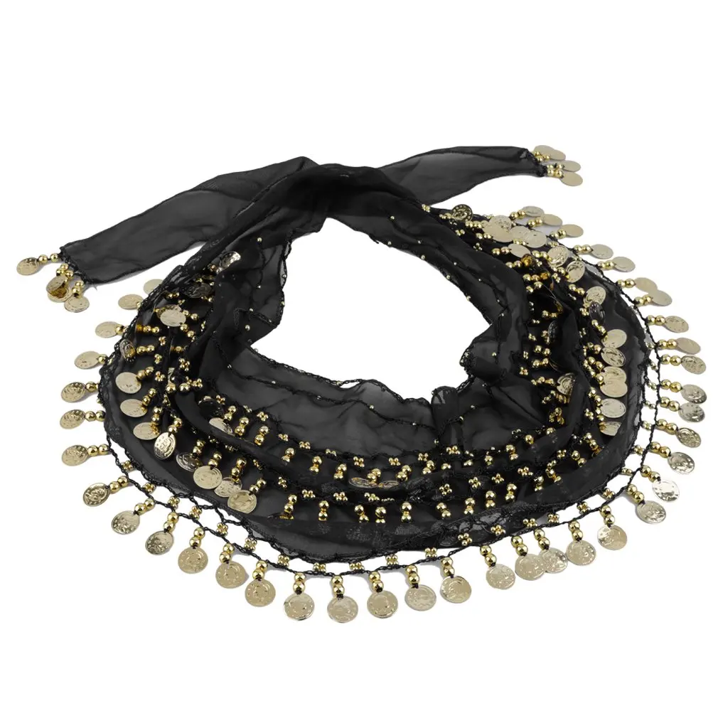 

3 Rows 128 Gold Coins Colorful Belly Dance Costume Hip Scarf Skirt Belt Wrap Waist tassel Chain 150x20cm dance accessories