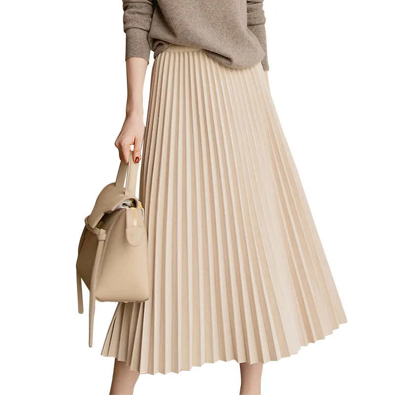 

2021 Summer New Solid All-match Pleated Skirts Women Elegant Temperament Office Lady Jupe Casual Soft Elastic Waist Skirt