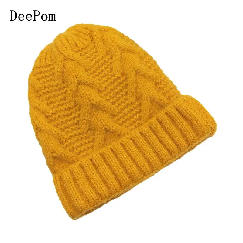 

DeePom Wool Hat Skullie Beanie Winter Hat For Women Girl 's Hat Female Cap Thickened Warm Bonnet Ear Protect Knitted Stretch