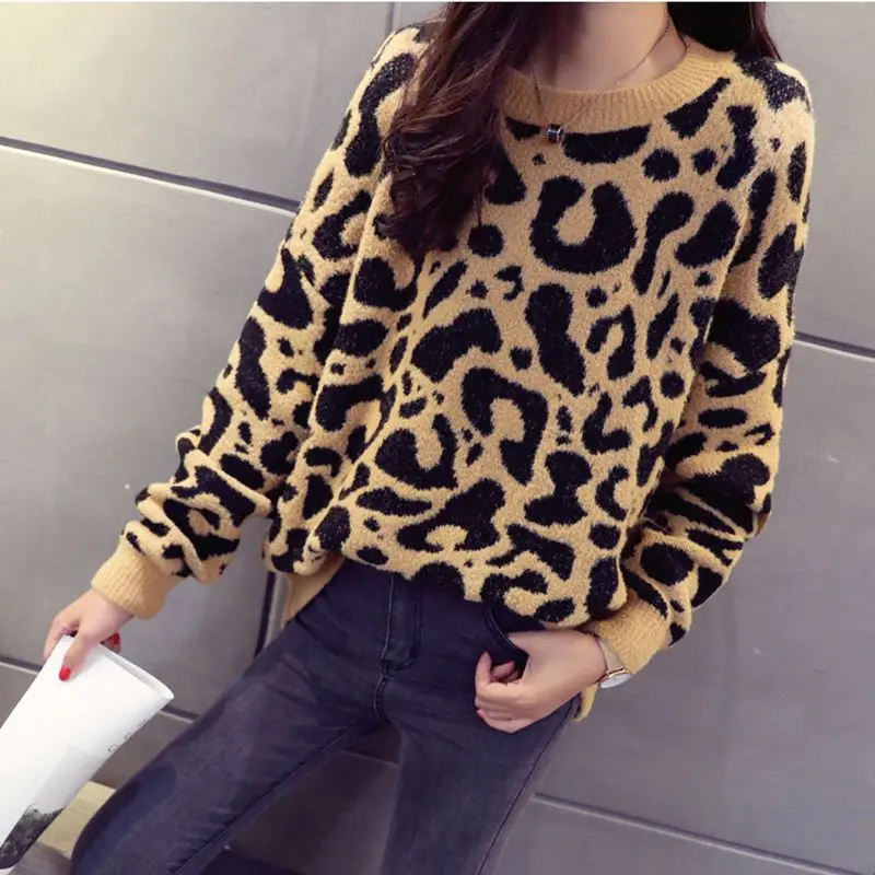 

Binghuai woman leopard knitted sweater winter animal print winter thick long sleeve female pullovers casual tops B6-32